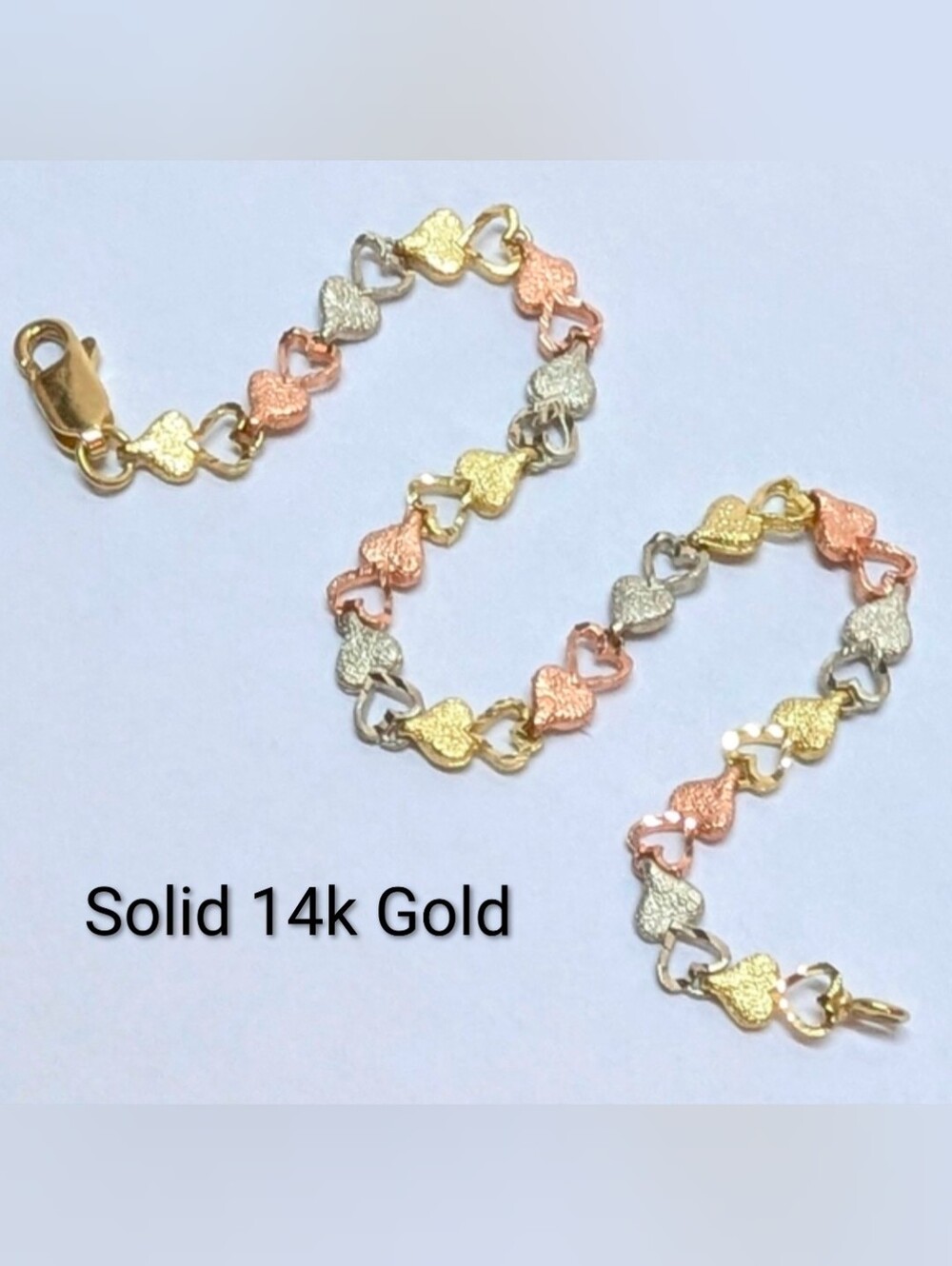 NIB Solid 14kt Tri-Color Gold Heart Bracelet 7"